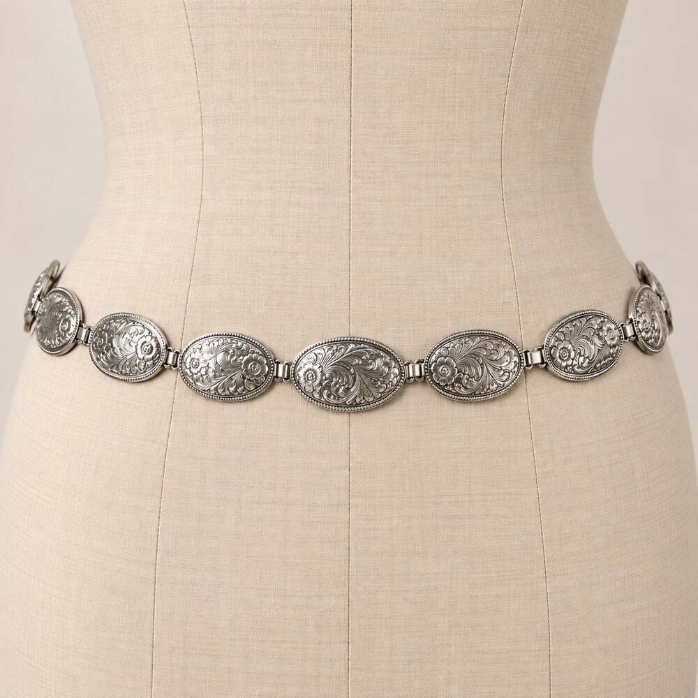 Brighton Vintage Y2K Silver Floral Engraved Oval Concho western Belt Medium